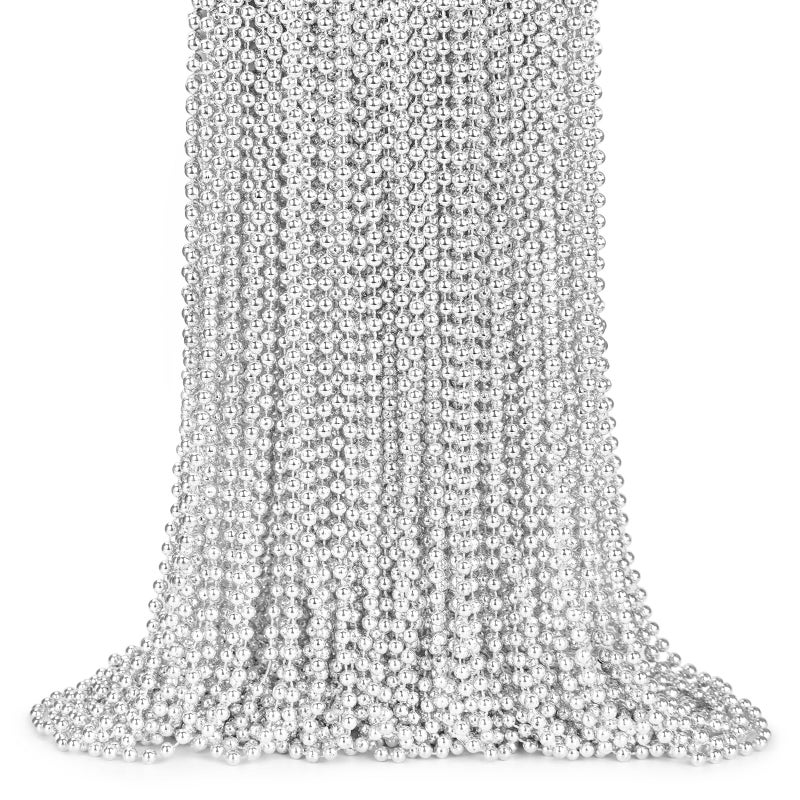 ZYFLSQ 100 Pcs 33"" 7mm Metallic Silver Beads Necklaces  Bulk Mardi Gras Beaded Necklaces  Party Beads Costume Necklaces - Image 1